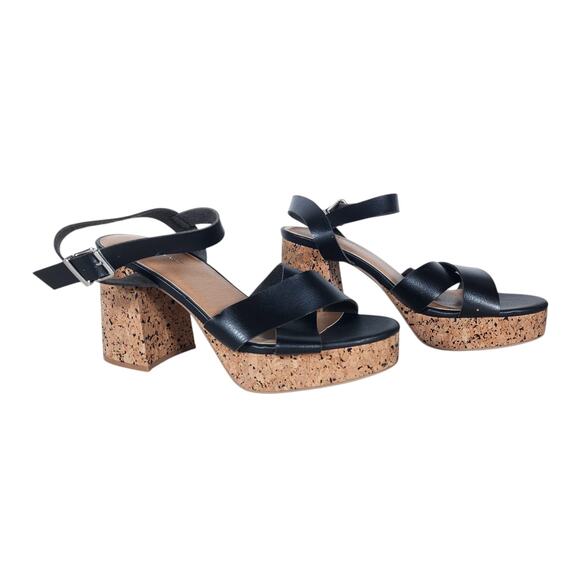 Lane Bryant Shoes - Lane Bryant Platform Sandals 10 Black Vegan Leather Cork Block Heel Strappy